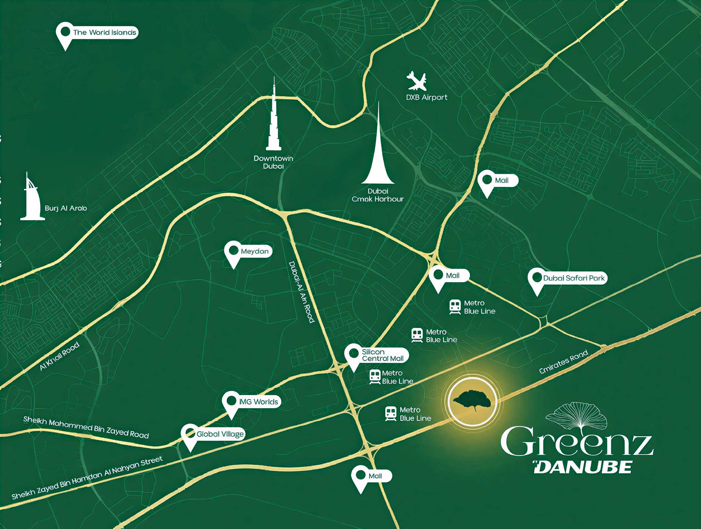 خريطة موقع جرينز من دانوب - الرويعة دبي
